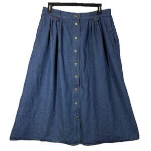 Midi Denim Skirt Blue Pleated Button VINTAGE Sz 14 Western Country Chic Heritage
